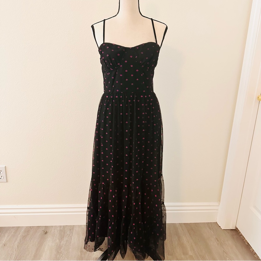 Betsey Johnson Lips‎ Maxi Dress Black Size 2 Kisses Mesh New Spaghetti Strap